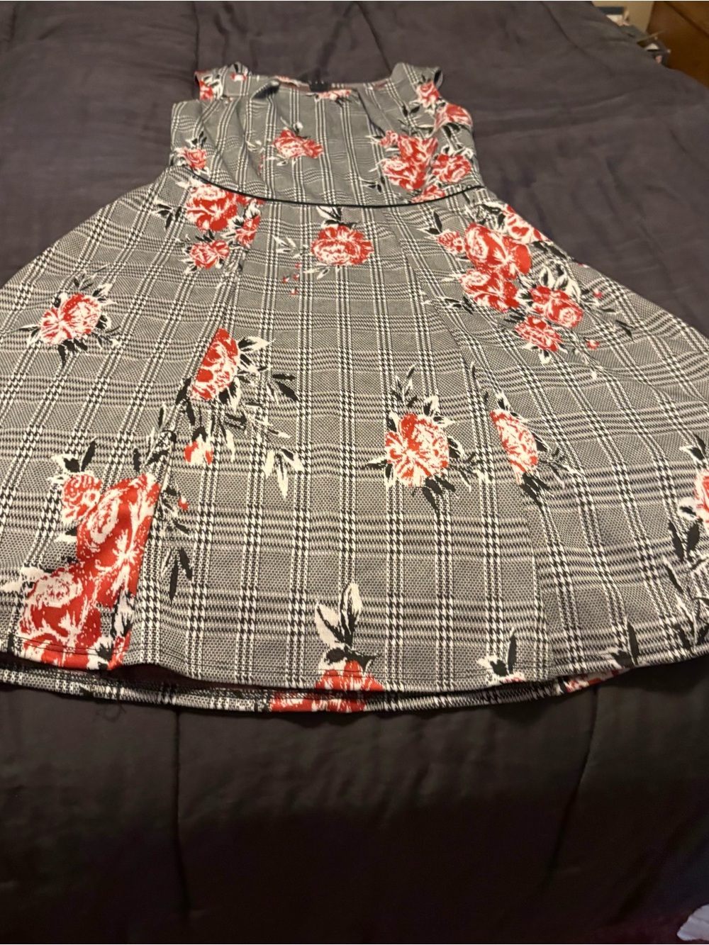 Piphany - Floral Plaid Sleeveless Fit & Flare Dress - Gray with Red Floral
